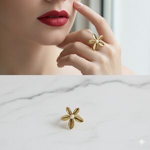 Stainless Steel Elegant Gold Flower Ring with Pearl Accent